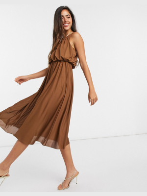 Asos Design Cami Plunge Midi Dress With Blouson Top In Chocolate