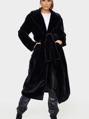 Tall Black Belted Faux Fur Coat