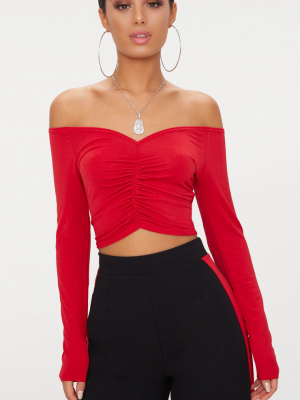 Red Slinky Ruched Front Long Sleeve Crop Top