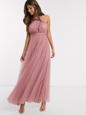 Asos Design Halter Cross Over Front Tulle Maxi Dress In Rose