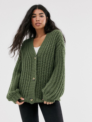 Noisy May Chunky Ribbed Button Front V Neck Cardigan