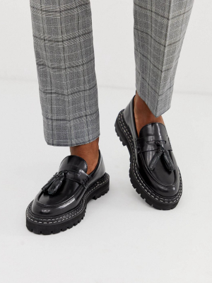 Asos Design Loafers In Black Leather With Chunky Sole And Contrast Stitch