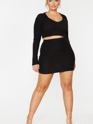 Plus Black Brushed Rib High Waist Bodycon Skirt