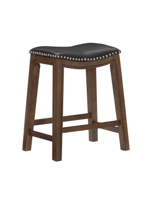 Homelegance 24-inch Counter Height Wooden Bar Stool With Solid Wood Legs And Faux Leather Saddle Seat Kitchen Barstool Dinning Chair, Brown And Black