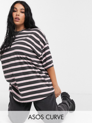 Asos Design Curve Super Oversized Collegiate Stripe T-shirt In Charcoal