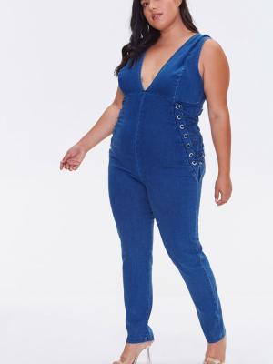 Plus Size Denim Lace-up Jumpsuit