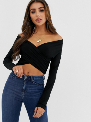 Asos Cross-over Bardot Top With Long Sleeve