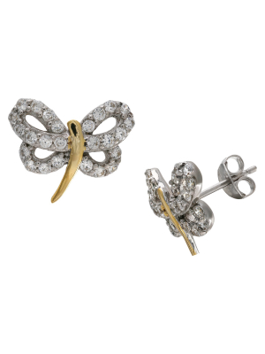 Women's Two Tone Dragonfly Stud Earrings With Clear Cubic Zirconia In Sterling Silver - Gold/gray (10mm)