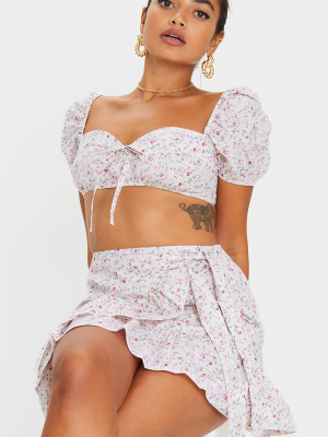 Petite Pink Floral Wrap Detail Frill Mini Skirt