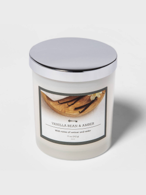 11oz Lidded Milky Glass Jar Vanilla Bean And Amber Candle - Threshold™