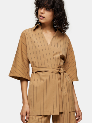 **camel Pinstripe Wrap Shirt By Topshop Boutique