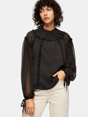 Black Ruffle Yoke Neck Blouse