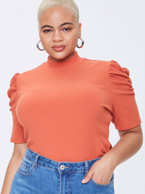 Plus Size Ribbed Puff-sleeve Top