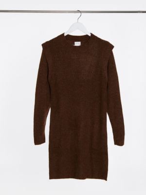 Vila Knitted Sweater Dress With Shoulder Detail In Brown