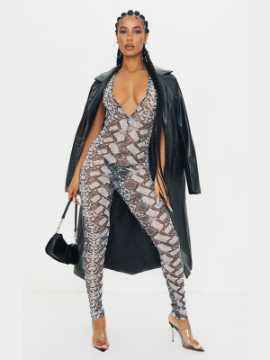 Grey Snake Print Mesh Ruched Plunge Jumpsuit