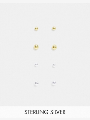 Asos Design Sterling Silver Earring Pack With 2mm And 3mm Studs In Silver And 14k Gold Plate