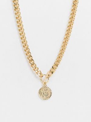 Asos Design T Bar Necklace With Coin In Gold Tone