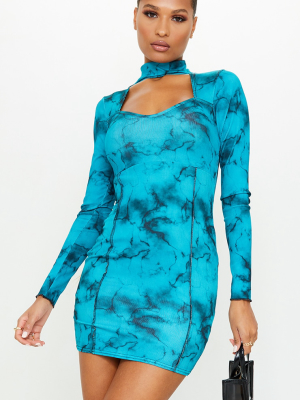 Blue Tie Dye Rib Stitch Detail High Neck Long...