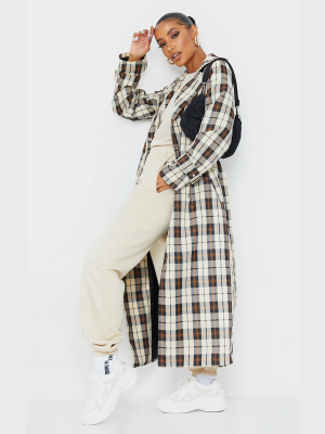 Beige Checked Woven Maxi Trench