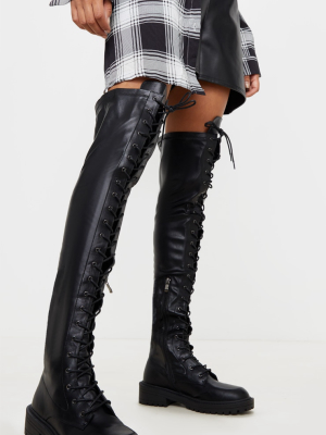 Black Lace Up Cleated Flat Over The Knee Boot