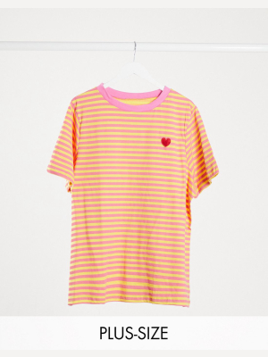 Daisy Street Plus Relaxed T-shirt With Heart Embroidery In Bright Stripe