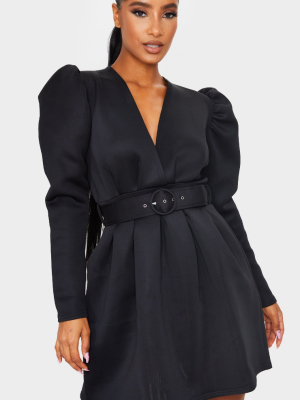 Black Scuba Puff Sleeve Belted Skater Dress