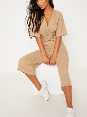 Deep Stone Ribbed Twist Detail Culotte Jumpsuit