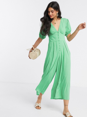 Asos Design Crinkle Tea Jumpsuit With Puff Sleeve In Green