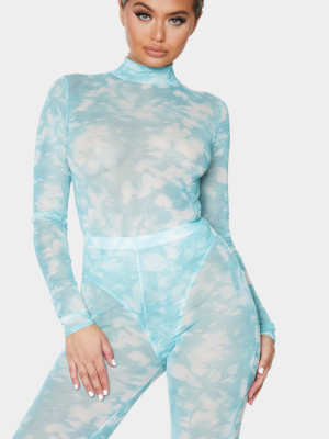 Teal Tie Dye Print Mesh High Neck Long Sleeve...