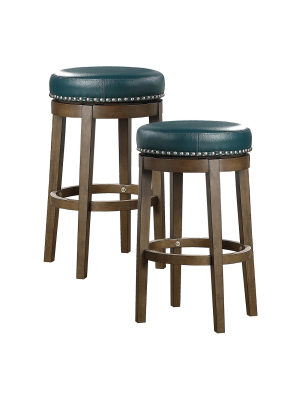 Lexicon Whitby 30.5 Inch Pub Counter Height Wooden Bar Stool With Solid Wood Legs And Faux Leather Round Swivel Seat Kitchen, Green (2 Pack)