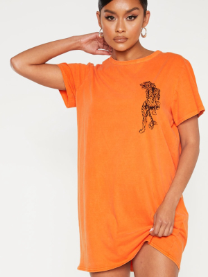 Orange Tiger Printed T Shirt Dress