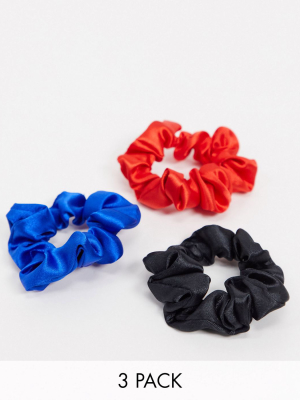 Asos Design Pack Of 3 Skinny Scrunchies In Red Blue Black Satin's