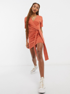 Asos Design Super Soft Short Sleeve Mini Wrap Dress In Ginger Marl