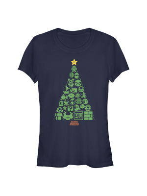 Junior's Nintendo Christmas Tree Mosaic T-shirt