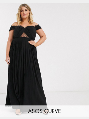 Asos Design Curve Lace And Pleat Off-the-shoulder Maxi Dress In Black