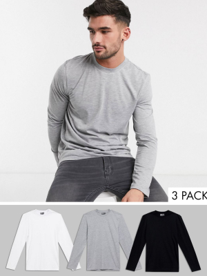 Asos Design 3 Pack Long Sleeve T-shirt With Crew Neck