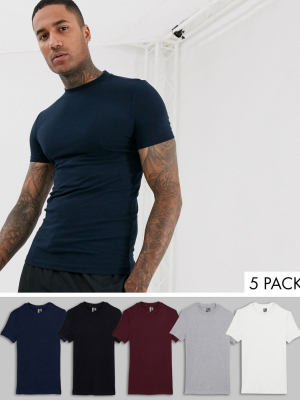 Asos Design 5 Pack Organic Muscle Fit T-shirt With Crew Neck