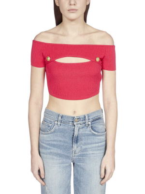 Balmain Button Detail Off-shoulder Crop Top