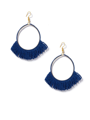 Seed Bead Hoop Earrings With Fringe  - Lapis