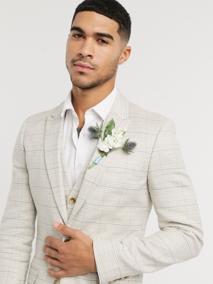Asos Design Wedding Super Skinny Suit Jacket In Stretch Cotton Linen In Stone Check