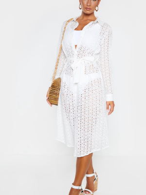 White Broderie Tie Waist Beach Dress