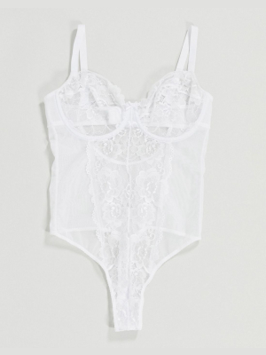 Ivory Rose Fuller Bust Lace And Mesh Mix Bodysuit In White