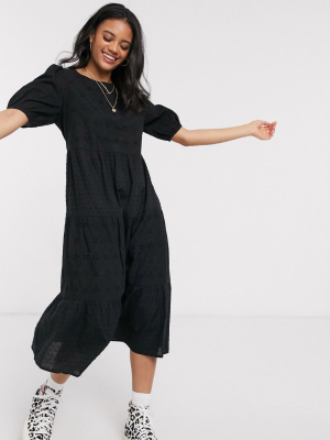 New Look Broderie Smock Midi Dress In Black