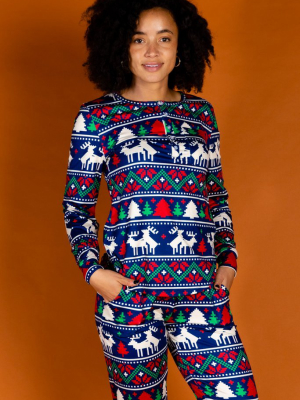 The Caribou Lous | Womens Navy Mating Deer Fairisle Christmas Pajama Top