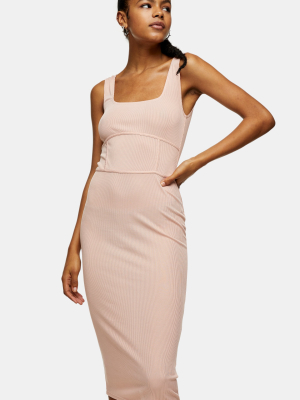 Pink Seamed Bodycon Midi Dress