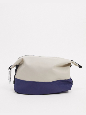 Asos Design Wash Bag In Beige And Navy With Clip Detail