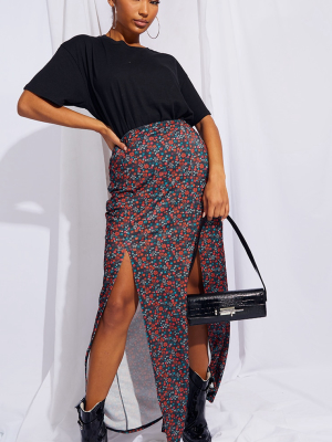 Black Floral Double Split Hem Maxi Skirt