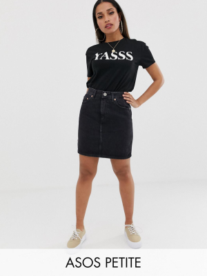 Asos Design Petite Denim Original High Waisted Skirt In Washed Black
