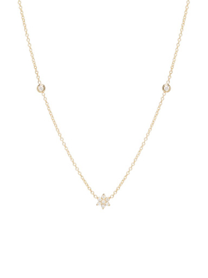 14k Tiny Prong Set Flower Diamond Necklace With Floating Diamonds