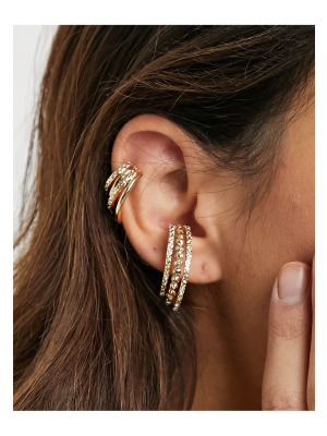 Asos Design Pack Of 2 Sliding Ear Cuffs In Crystal Hoop Design In Gold Tone
